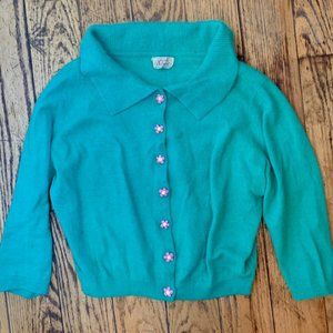 Very Cute Vintage Blue/Green Sweater with Handmade Flower Buttons
